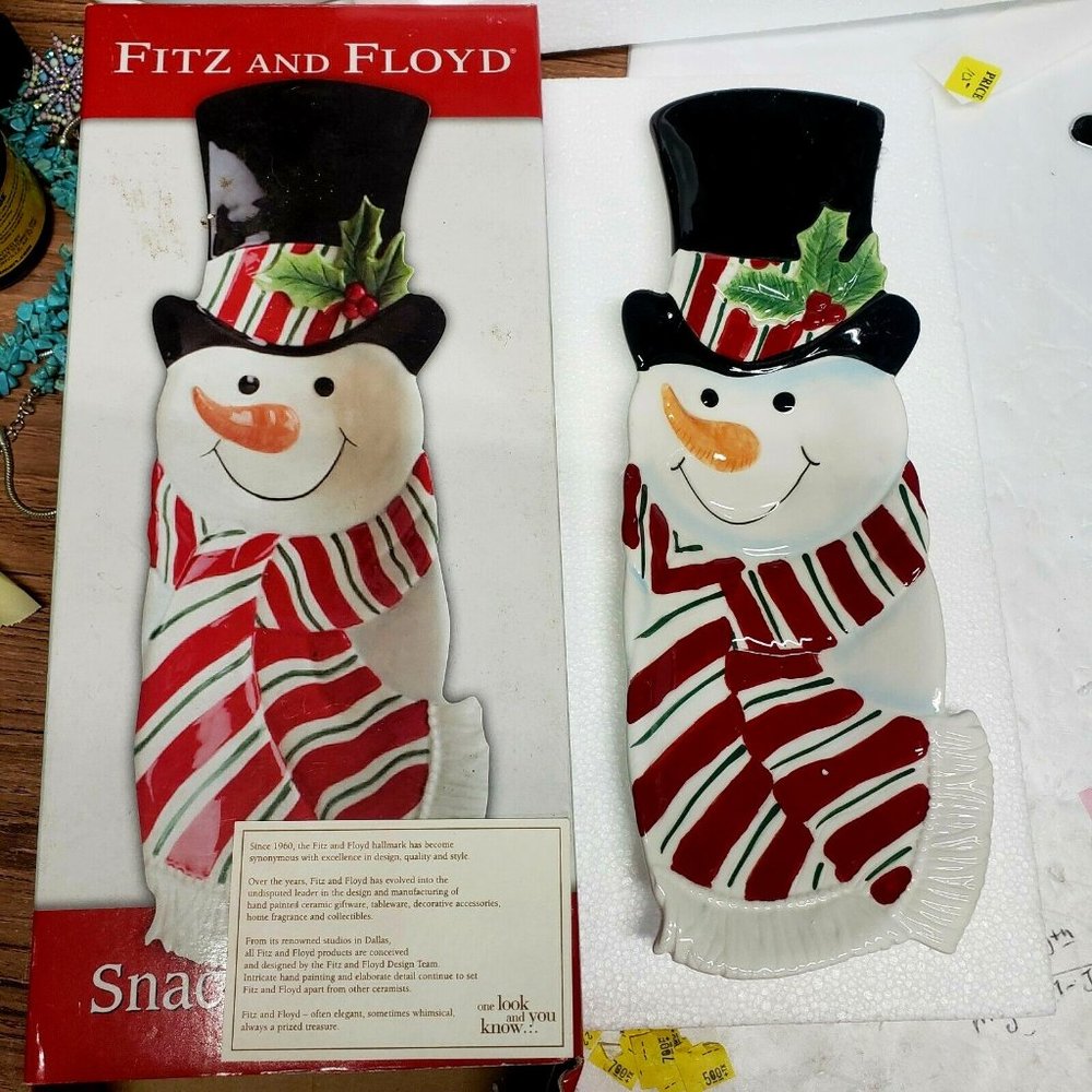 Fitz and Floyd Snack Therapy Christmas Snowman Server Tray Dish Plate with Box